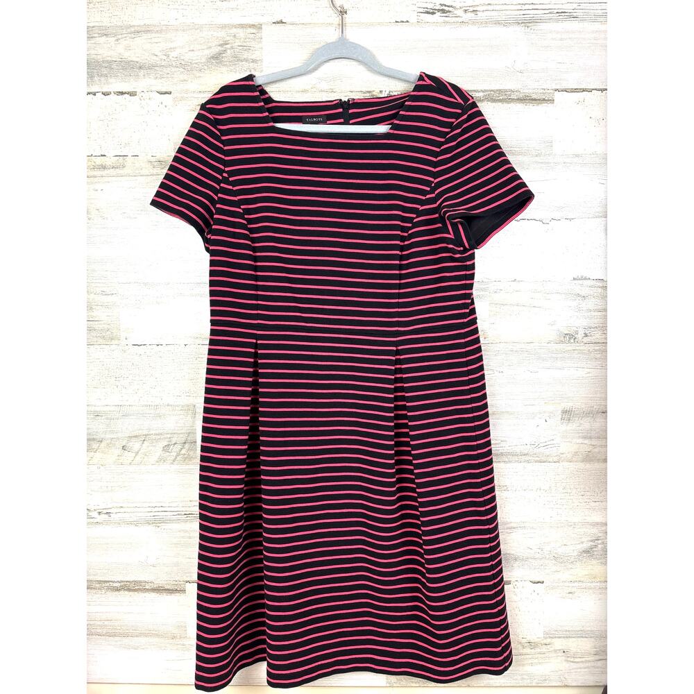 Talbots Women 14 Black Pink Stripe Short Sleeve Knit Stretch A-Line Mini Dress